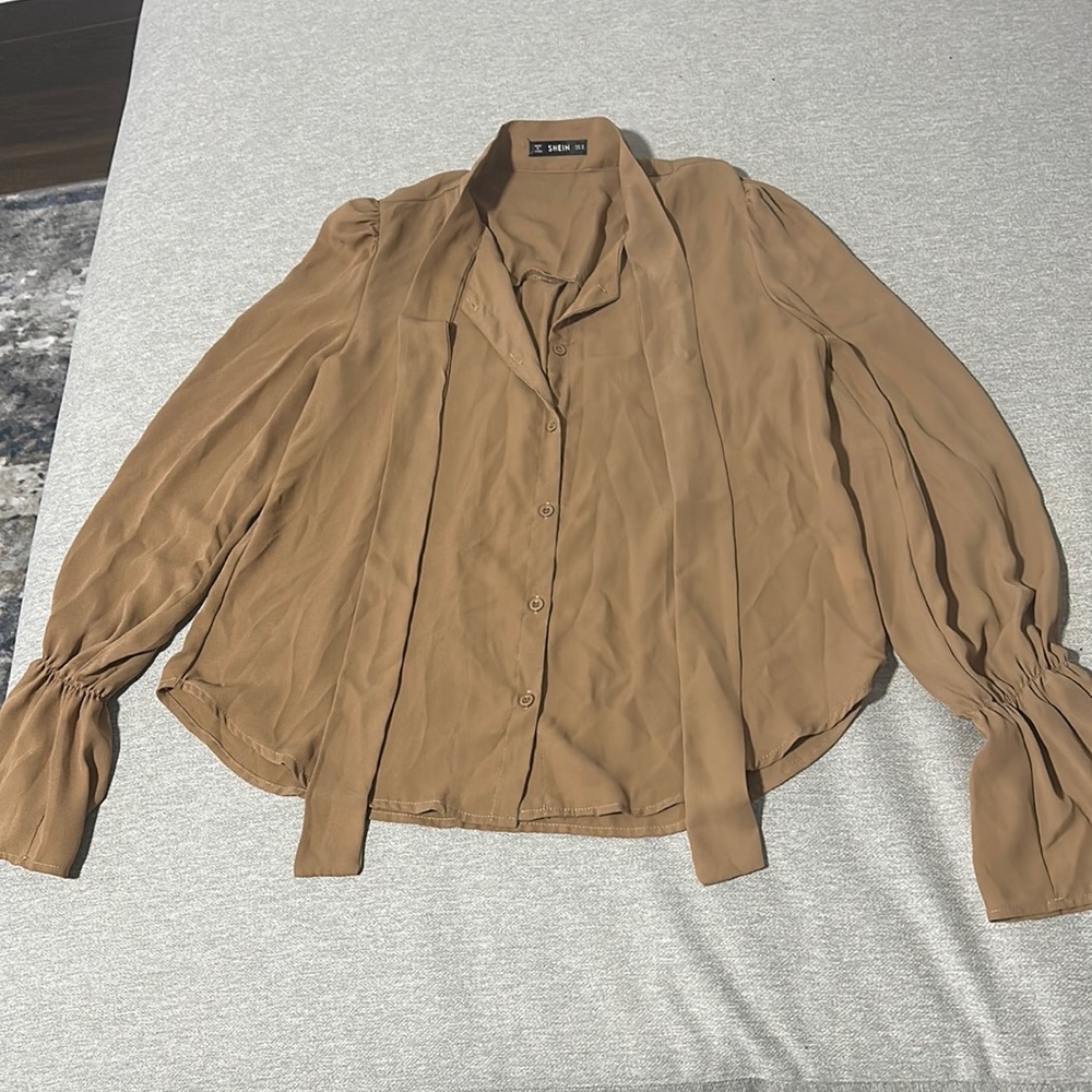 Shein Tan Tie Neck Long Sleeve Button Down Blouse